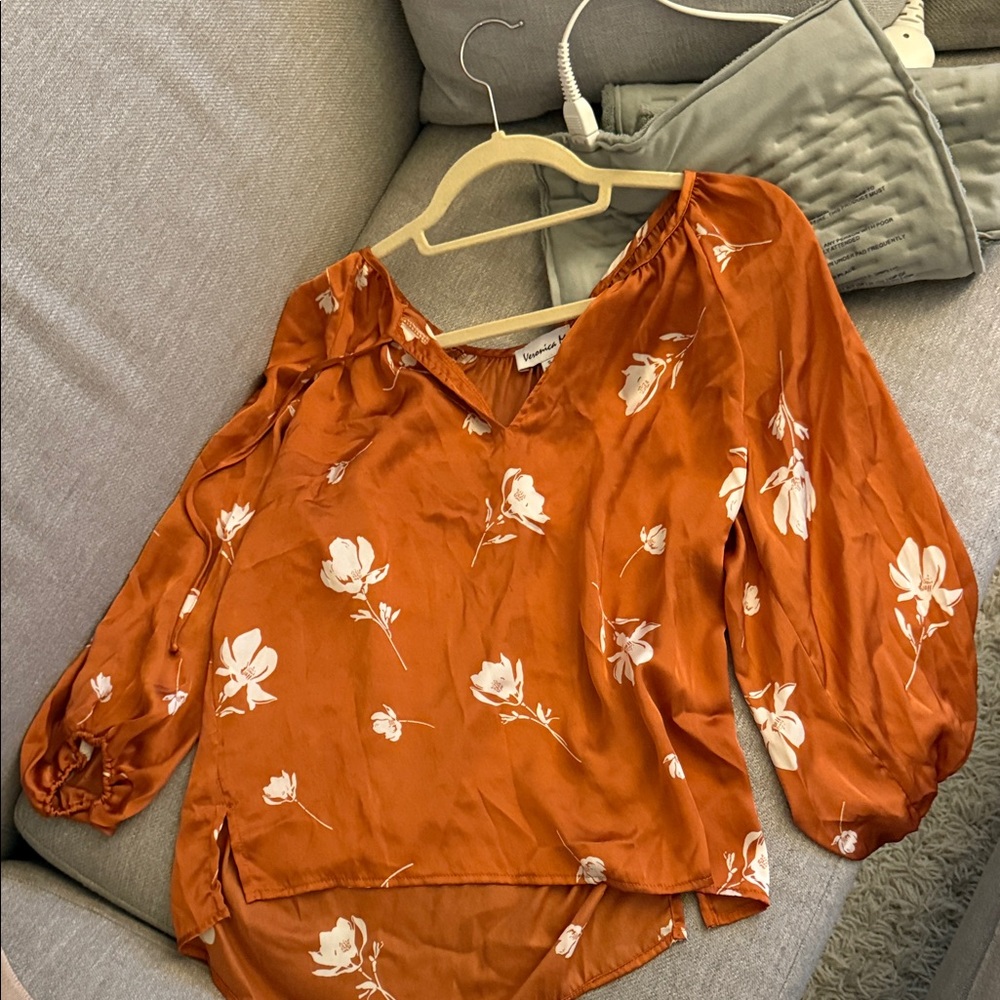 Veronica M Rust Floral V-Neck Long Sleeve Blouse